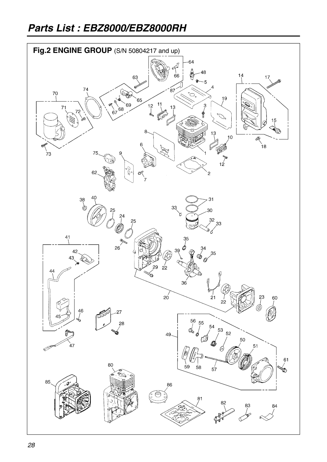 Zenoah EBZ8000/8000RH manual Engine Group S/N 50804217 and up 