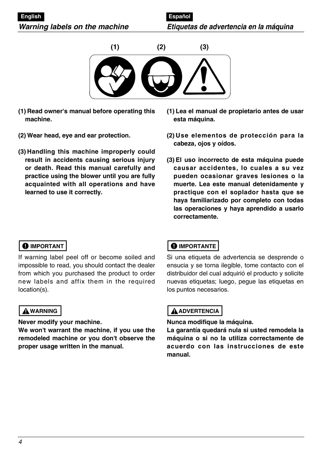 Zenoah EBZ8000/8000RH manual Etiquetas de advertencia en la máquina 