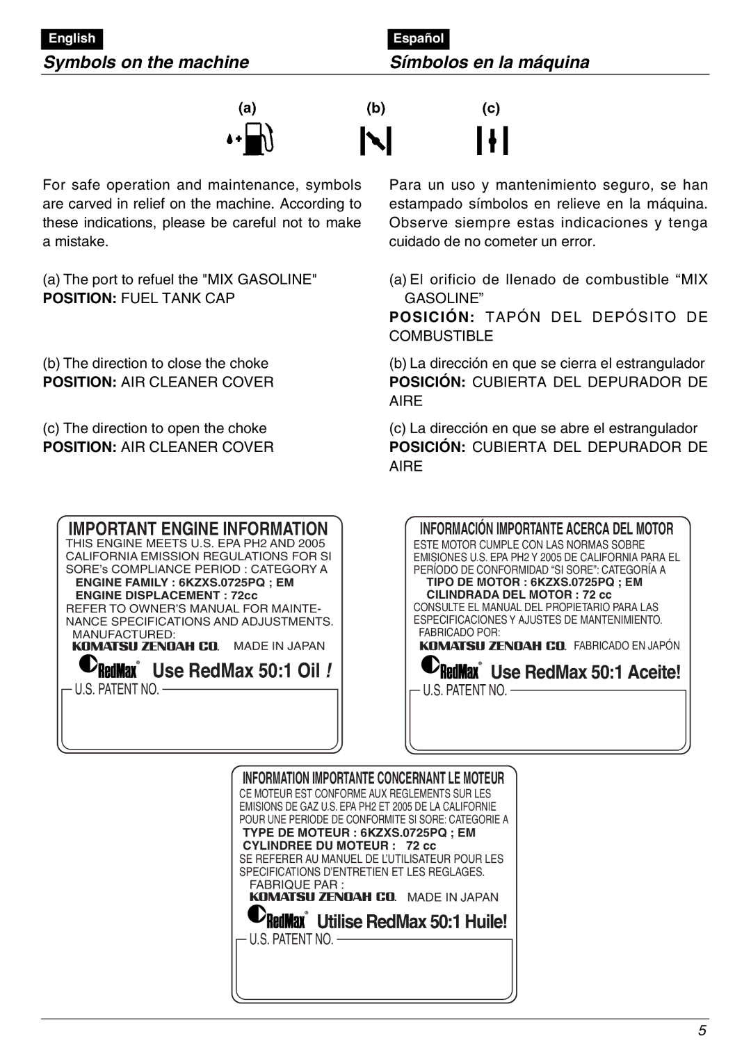 Zenoah EBZ8000/8000RH manual Symbols on the machine Símbolos en la máquina, Engine Family 6KZXS.0725PQ EM 