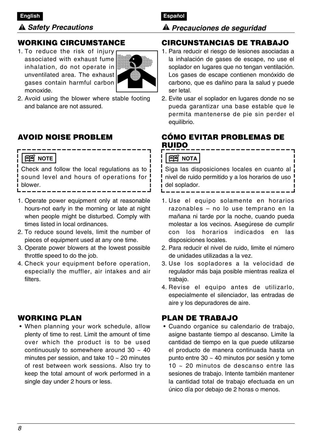 Zenoah EBZ8000/8000RH Working Circumstance, Circunstancias DE Trabajo, Avoid Noise Problem, Cómo Evitar Problemas DE Ruido 