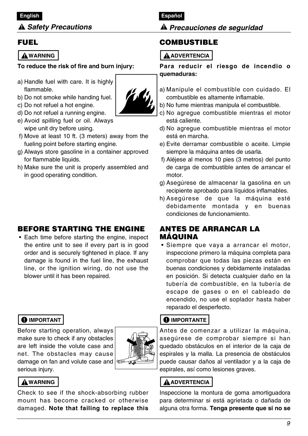 Zenoah EBZ8000/8000RH manual Fuel Combustible, Before Starting the Engine, Antes DE Arrancar LA Máquina 