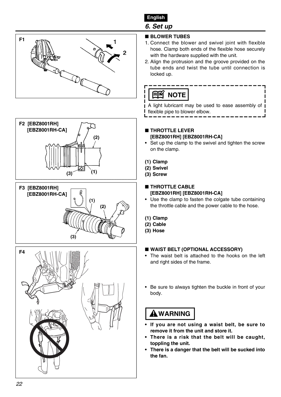 Zenoah EBZ8001-CA manual Set up, Blower Tubes, Throttle Lever EBZ8001RH EBZ8001RH-CA, Throttle Cable EBZ8001RH EBZ8001RH-CA 