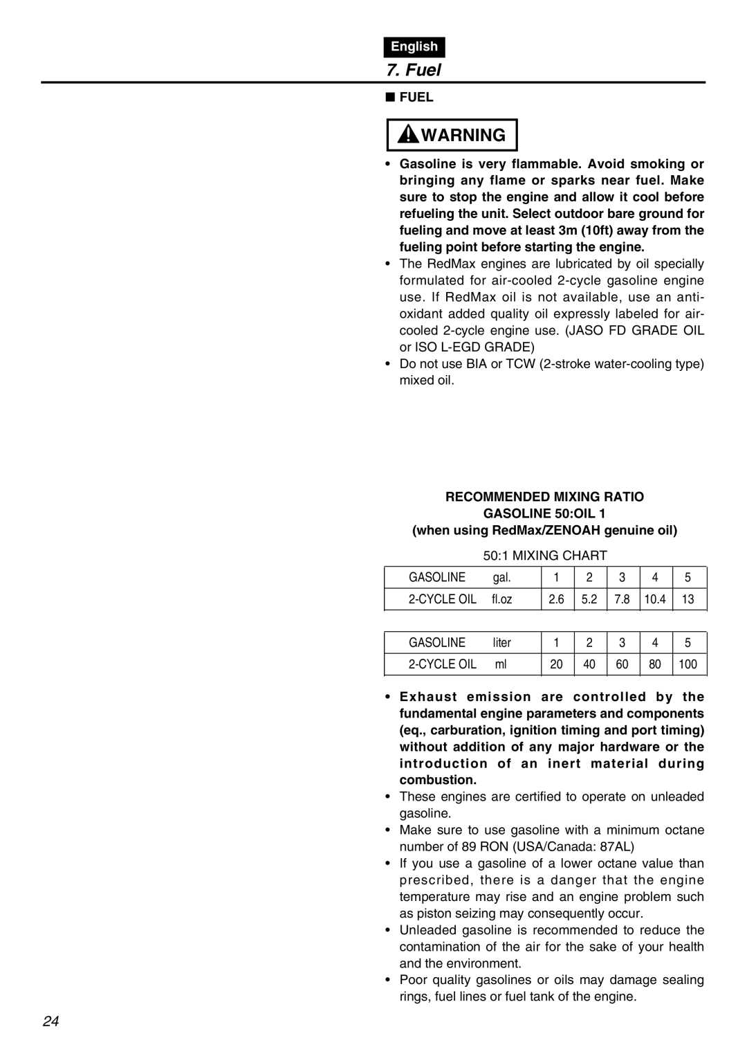 Zenoah EBZ8001RH, EBZ8001-CA manual Fuel, Recommended Mixing Ratio Gasoline 50OIL, When using RedMax/ZENOAH genuine oil 