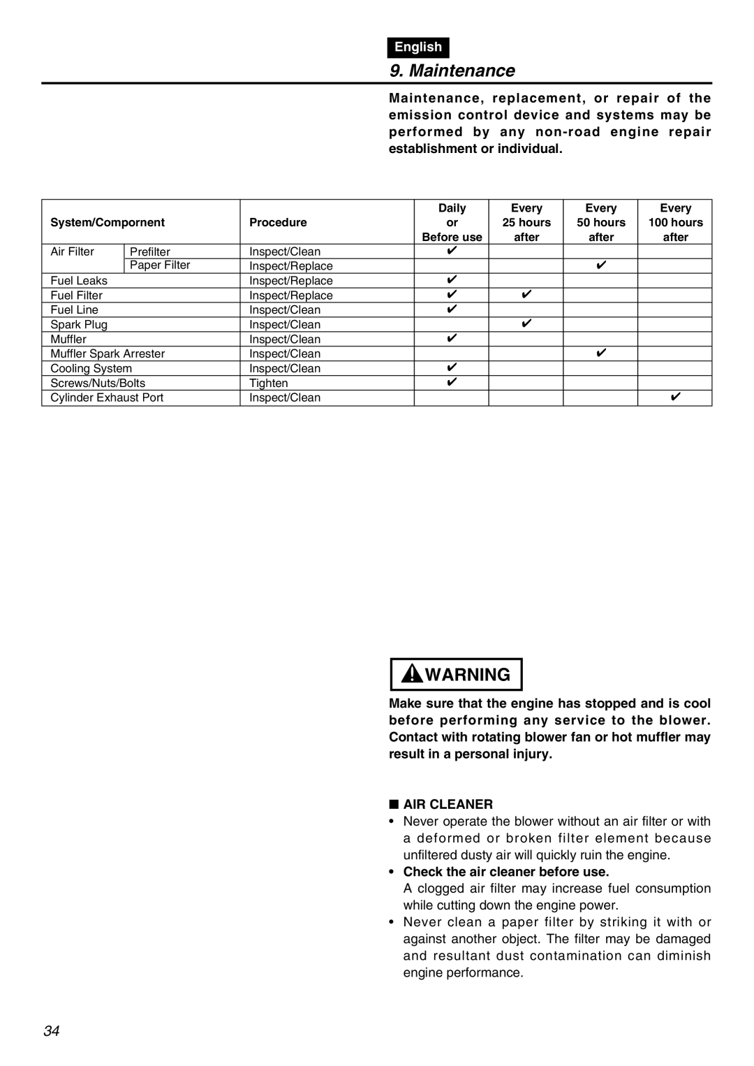 Zenoah EBZ8001-CA, EBZ8001RH-CA manual Maintenance, AIR Cleaner 