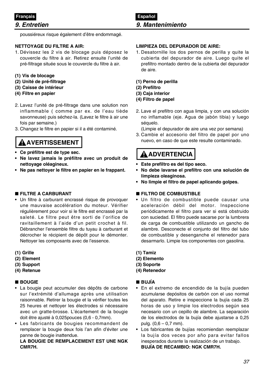 Zenoah EBZ8001 Nettoyage DU Filtre a AIR, Limpieza DEL Depurador DE Aire, Filtre a Carburant, Filtro DE Combustible, Bujía 