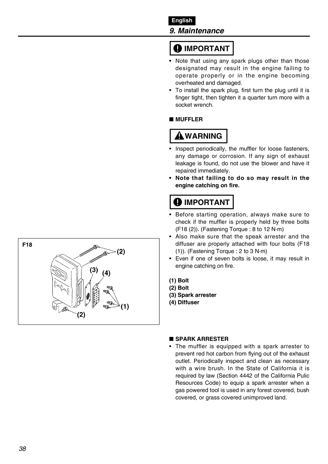 Zenoah EBZ8001-CA, EBZ8001RH-CA manual F18, Muffler, Bolt Spark arrester Diffuser, Spark Arrester 