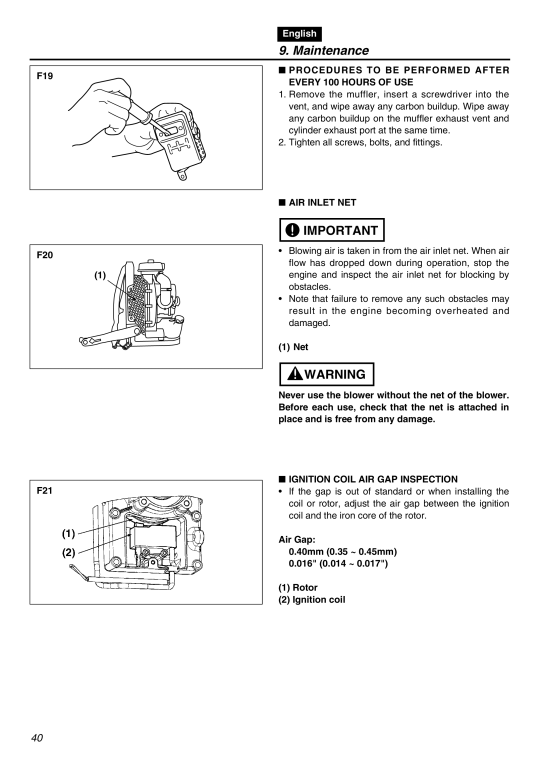 Zenoah EBZ8001RH, EBZ8001-CA manual F19 F20 F21, Procedures to be Performed After Every 100 Hours of USE, AIR Inlet NET 