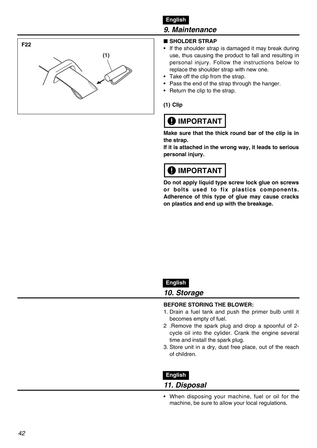 Zenoah EBZ8001-CA, EBZ8001RH-CA manual Storage, Disposal, F22, Sholder Strap, Before Storing the Blower 