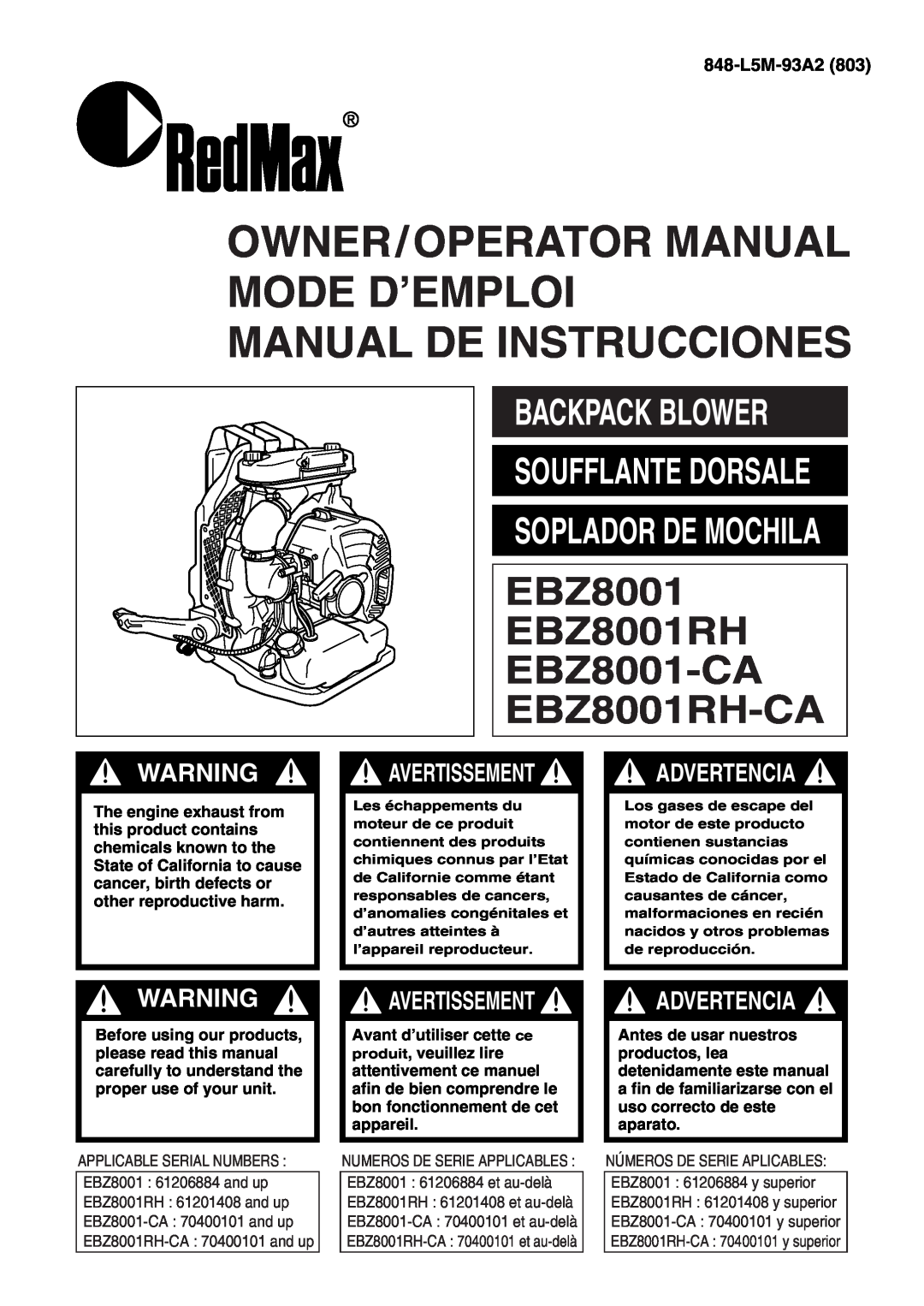 Zenoah EBZ8001 manual Backpack Blower, 848-L5M-93A2803, Owner/Operator Manual Mode D’Emploi, Manual De Instrucciones 