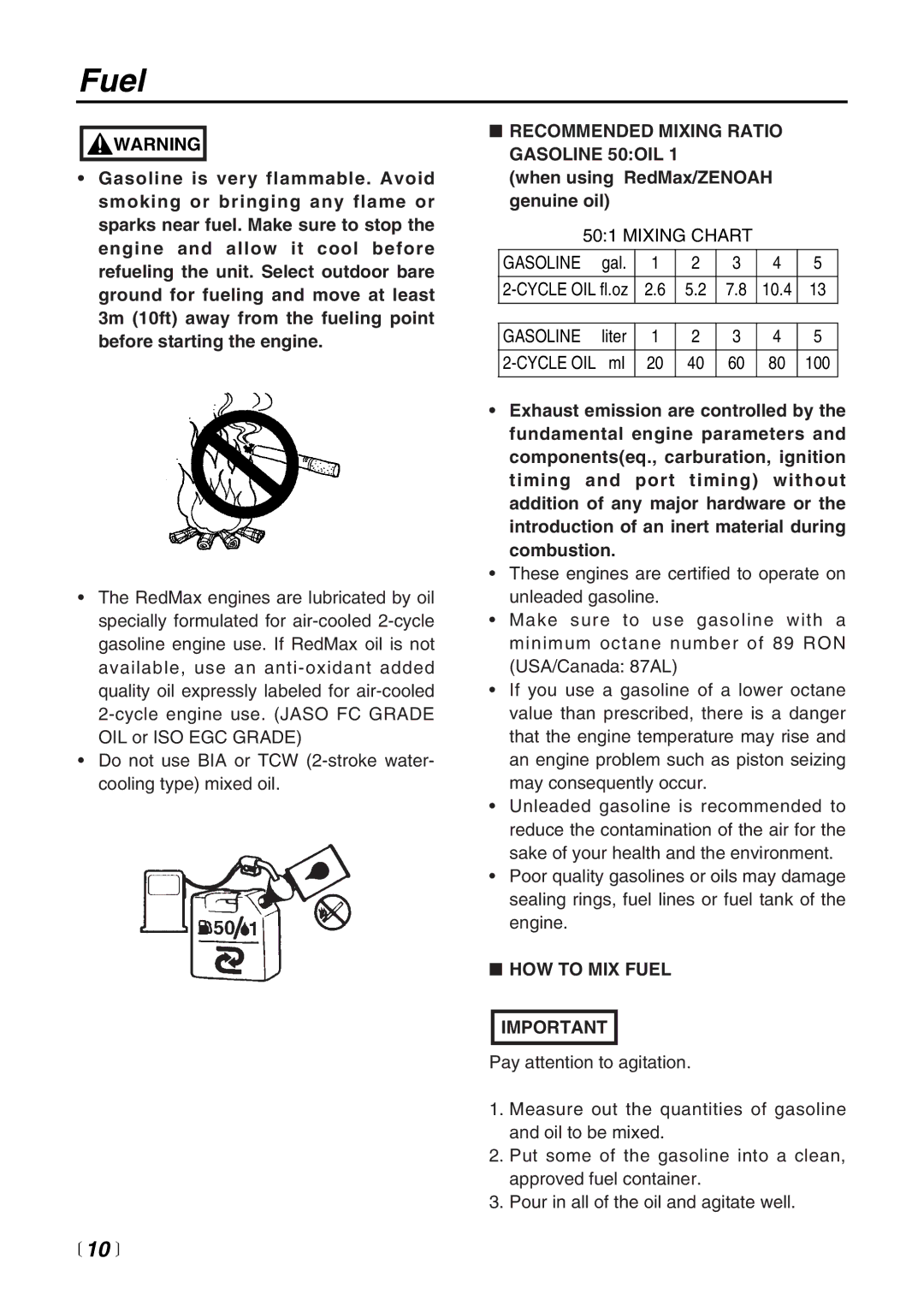 Zenoah EDG2300 manual Recommended Mixing Ratio Gasoline 50OIL, HOW to MIX Fuel 