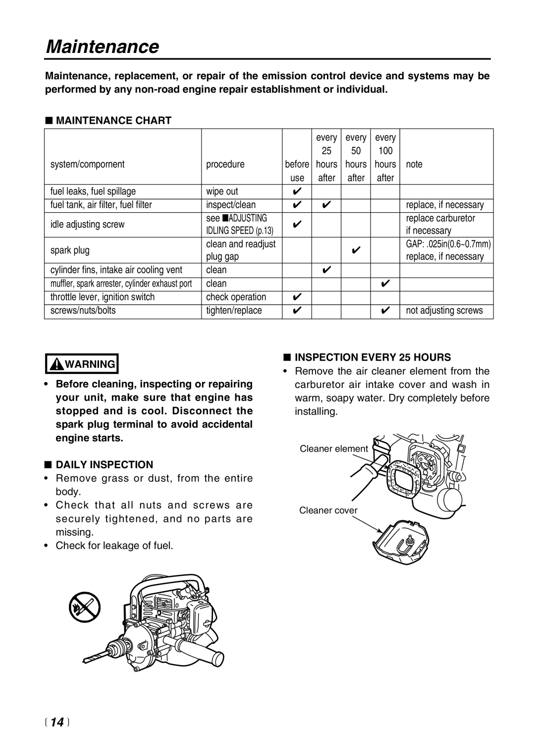 Zenoah EDG2300 manual Maintenance Chart, Daily Inspection, Inspection Every 25 Hours 