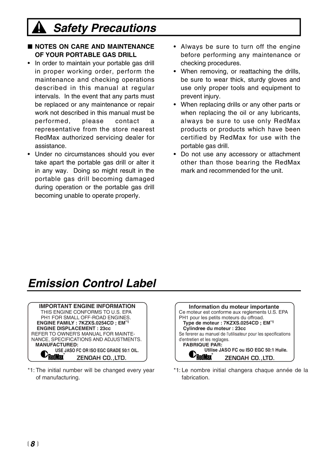 Zenoah EDG2300 manual Emission Control Label, Important Engine Information 