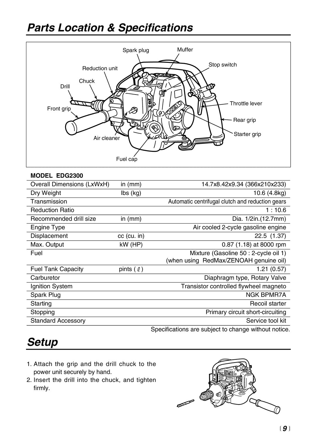 Zenoah manual Parts Location & Specifications, Setup, Model EDG2300 