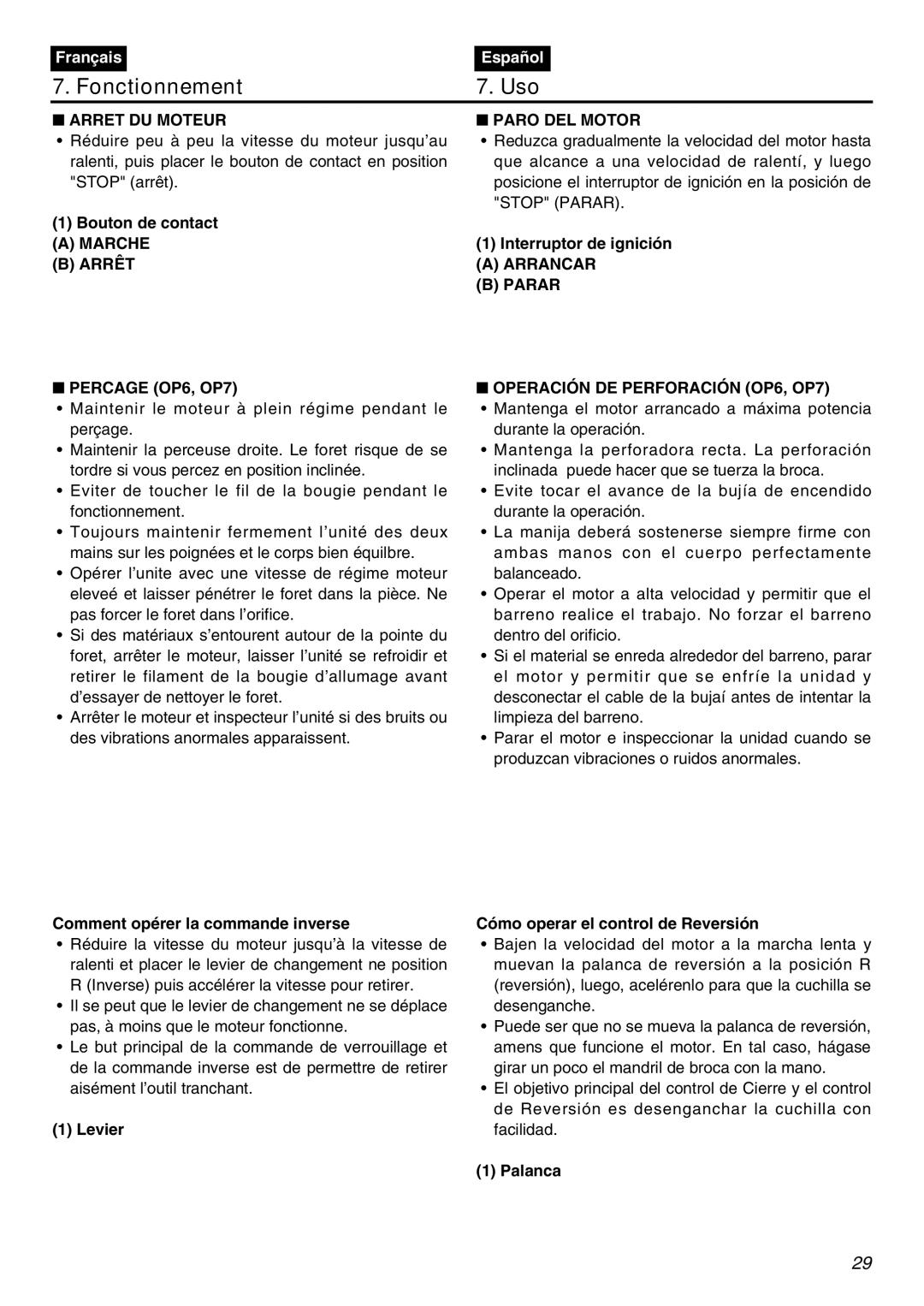 Zenoah EDG2300R Fonctionnement Uso, Marche, Comment opérer la commande inverse, Levier Cómo operar el control de Reversión 