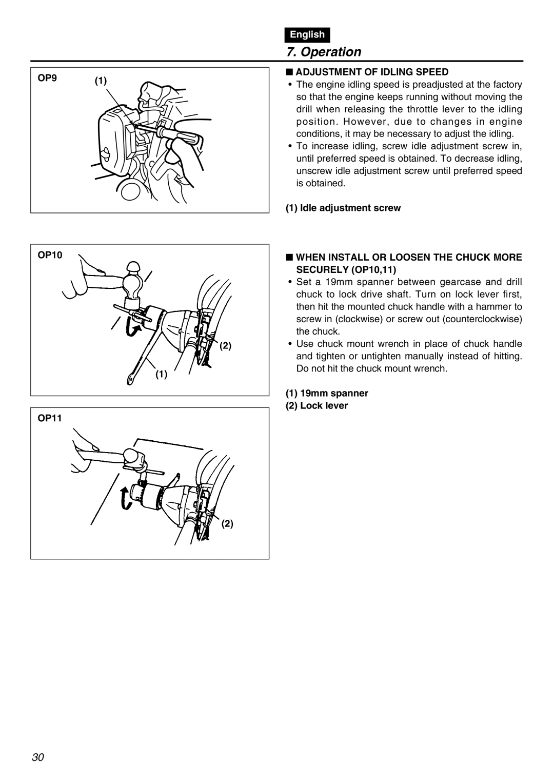 Zenoah EDG2300R manual OP9 OP10 OP11, Adjustment of Idling Speed, Idle adjustment screw, 19mm spanner Lock lever 