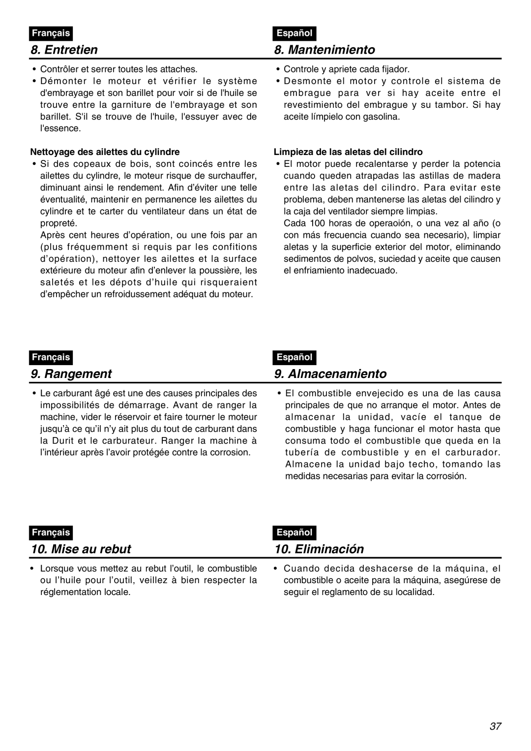 Zenoah EDG2300R manual Rangement Almacenamiento, Mise au rebut Eliminación, Nettoyage des ailettes du cylindre 