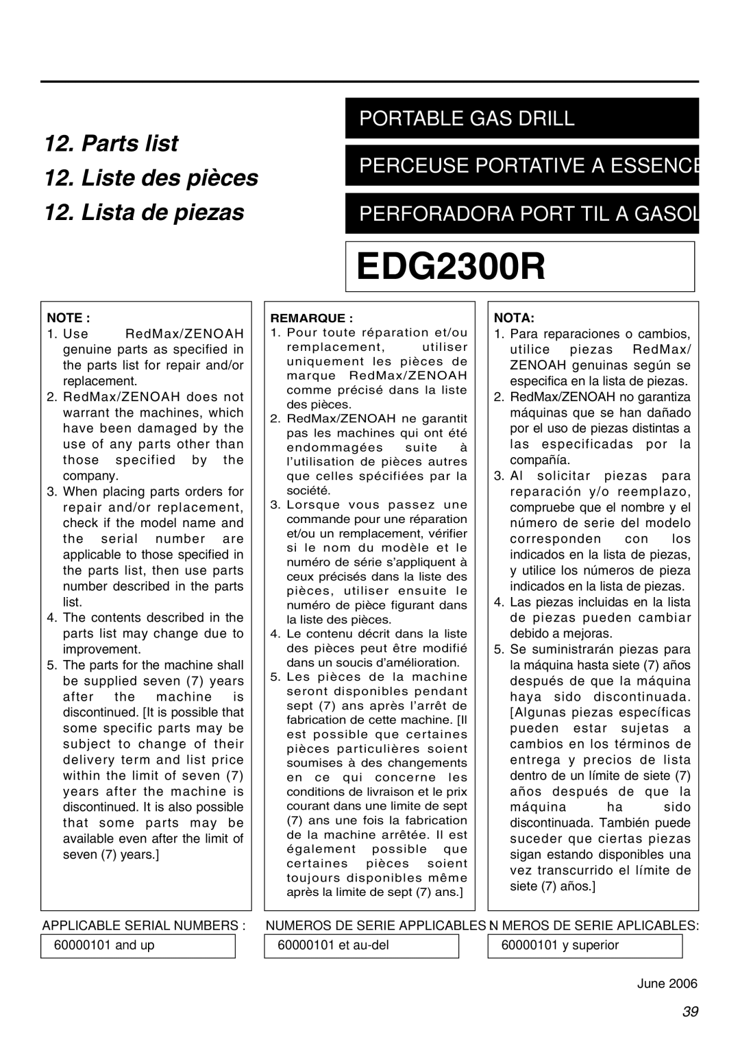 Zenoah EDG2300R manual Nota 