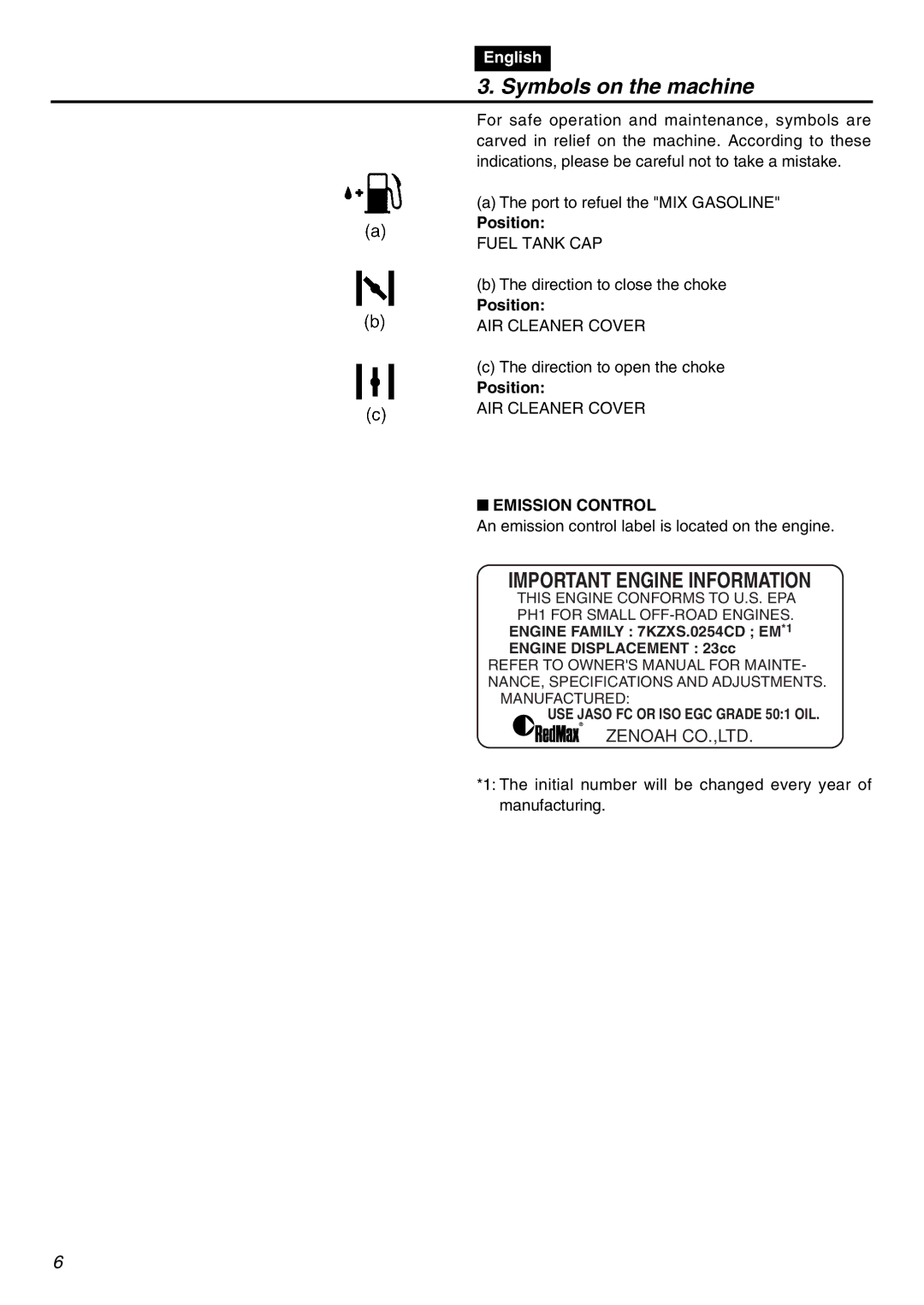 Zenoah EDG2300R manual Symbols on the machine, Important Engine Information, Position, Emission Control 