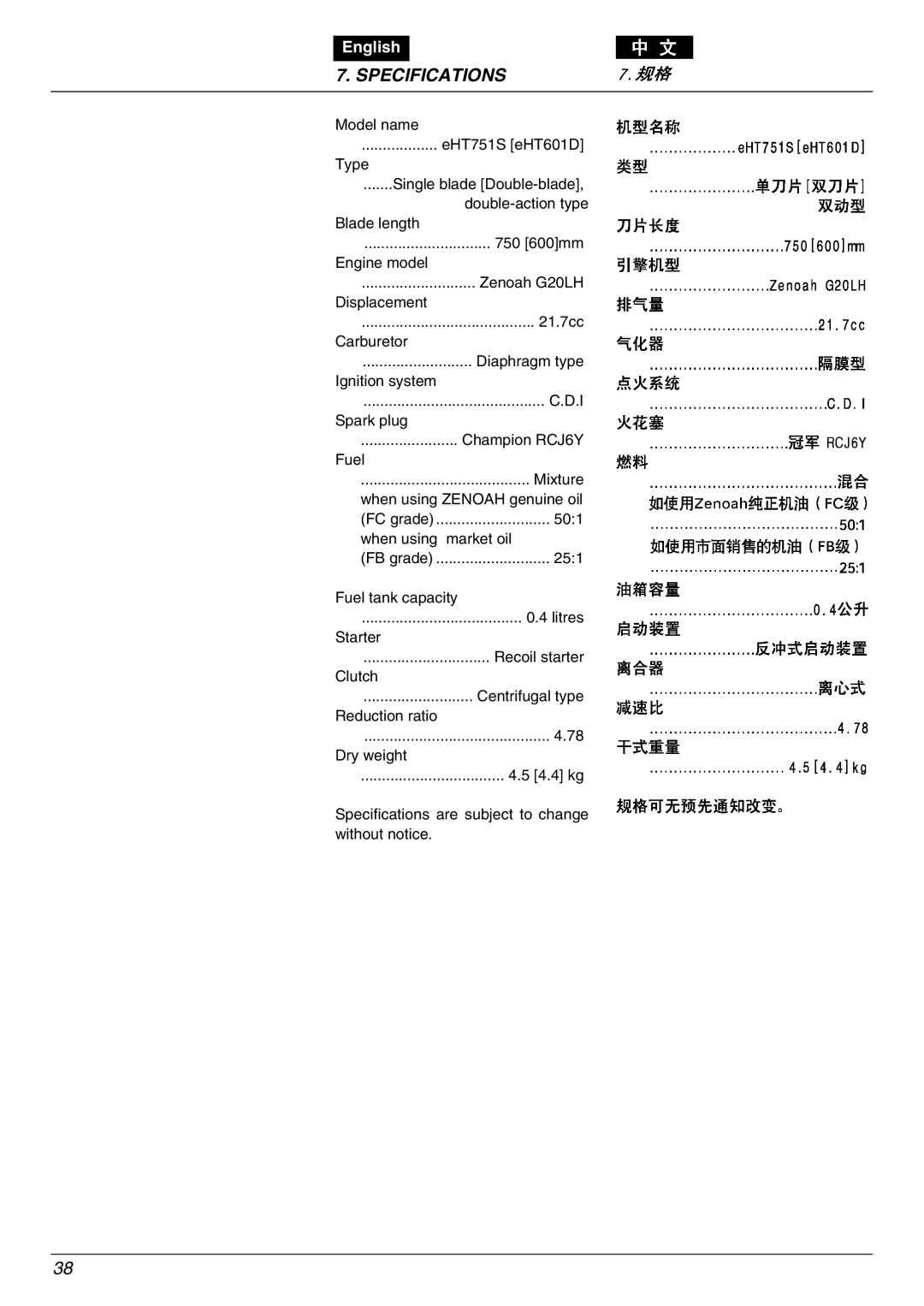 Zenoah EHT601D, EHT751S owner manual Specifications 