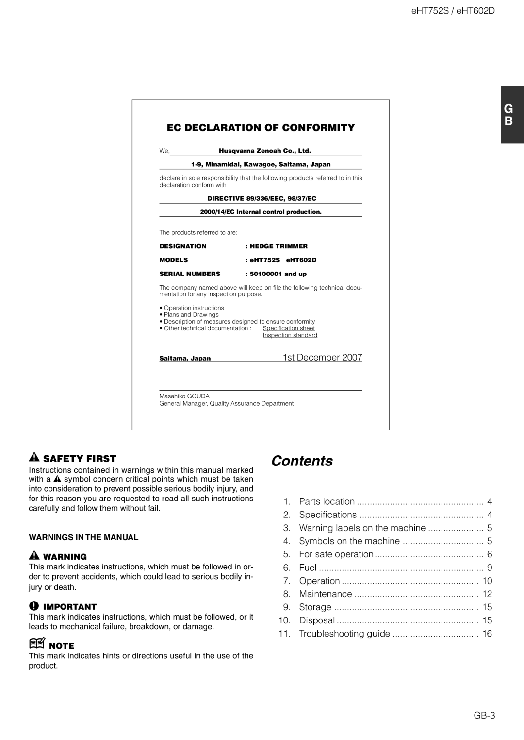 Zenoah EHT752S, EHT602D owner manual Contents 