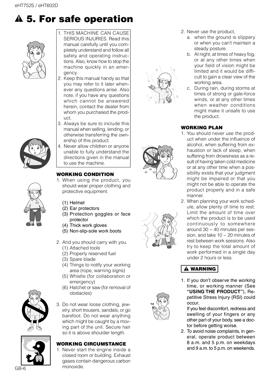 Zenoah EHT602D, EHT752S owner manual For safe operation, Working Condition, Working Circumstance, Working Plan 