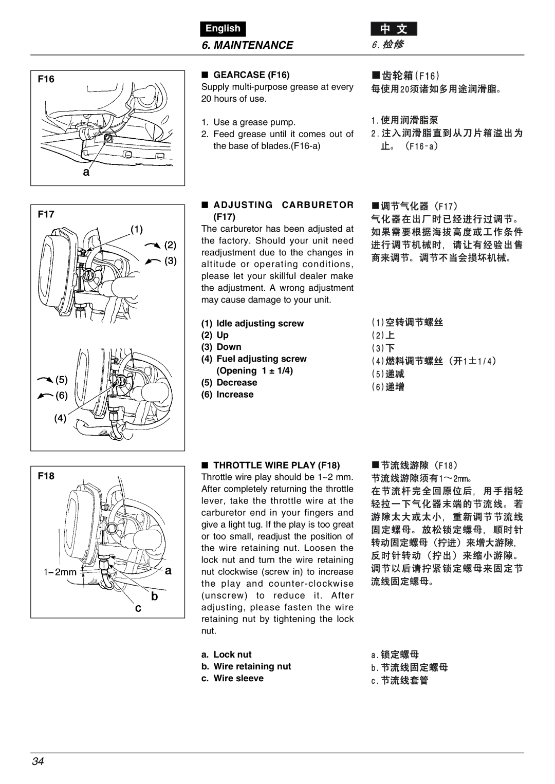 Zenoah eHT750S, eHT600D owner manual Gearcase F16, Adjusting Carburetor F17 