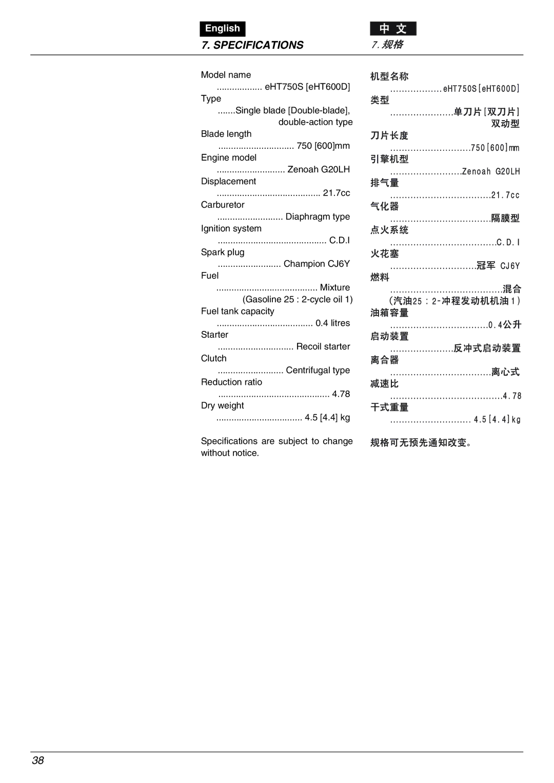 Zenoah eHT750S, eHT600D owner manual Specifications 