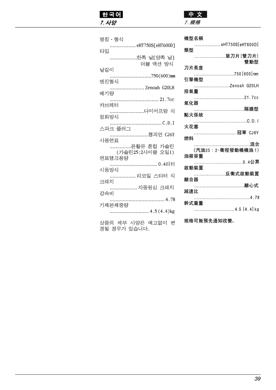 Zenoah eHT600D, eHT750S owner manual 