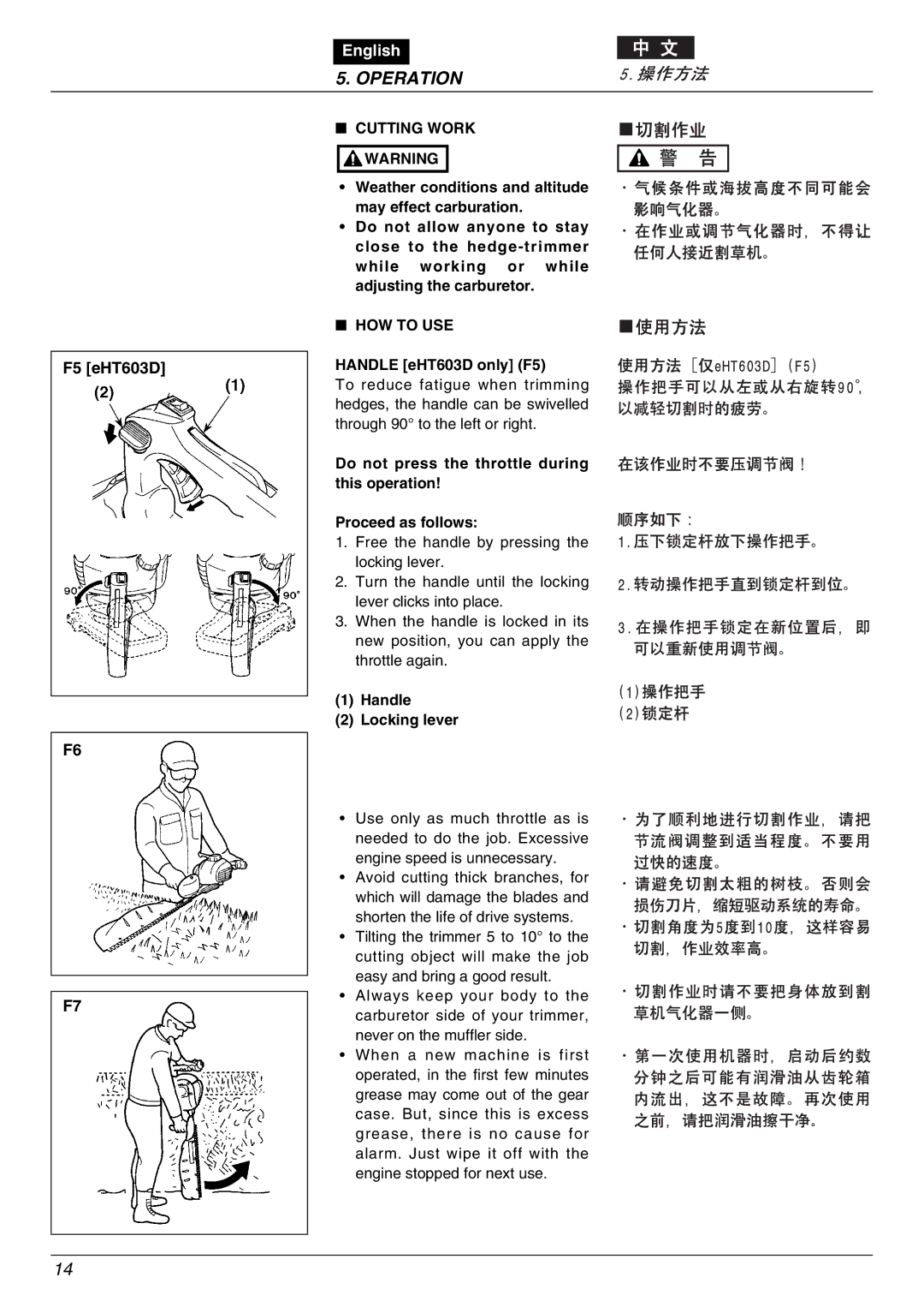 Zenoah EHT753S, EHT753D, EHT603D owner manual Cutting Work Warning, HOW to USE, Handle eHT603D only F5, Handle Locking lever 