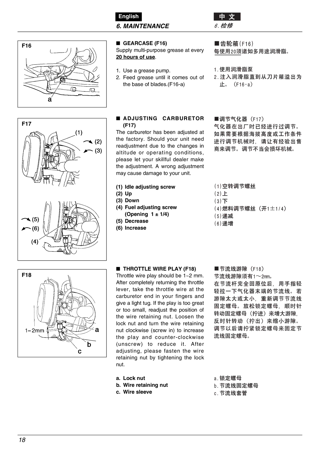 Zenoah EHT753D, EHT603D, EHT753S owner manual Gearcase F16, Adjusting Carburetor F17 