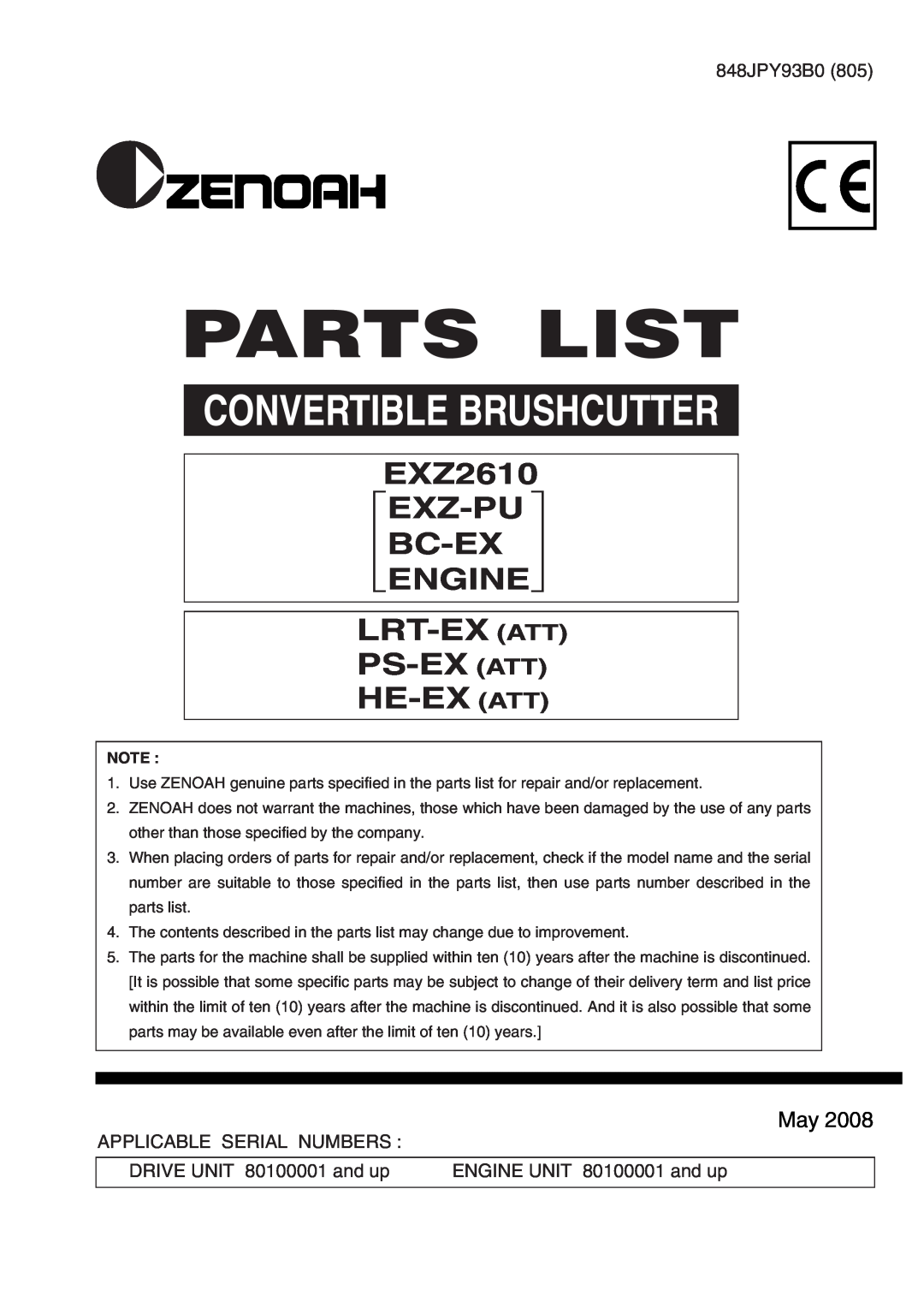 Zenoah EX-BC, ENGINE manual Parts List, Convertible Brushcutter, EXZ2610 EXZ-PU ,  Bc-Ex   Engine, 848JPY93B0 