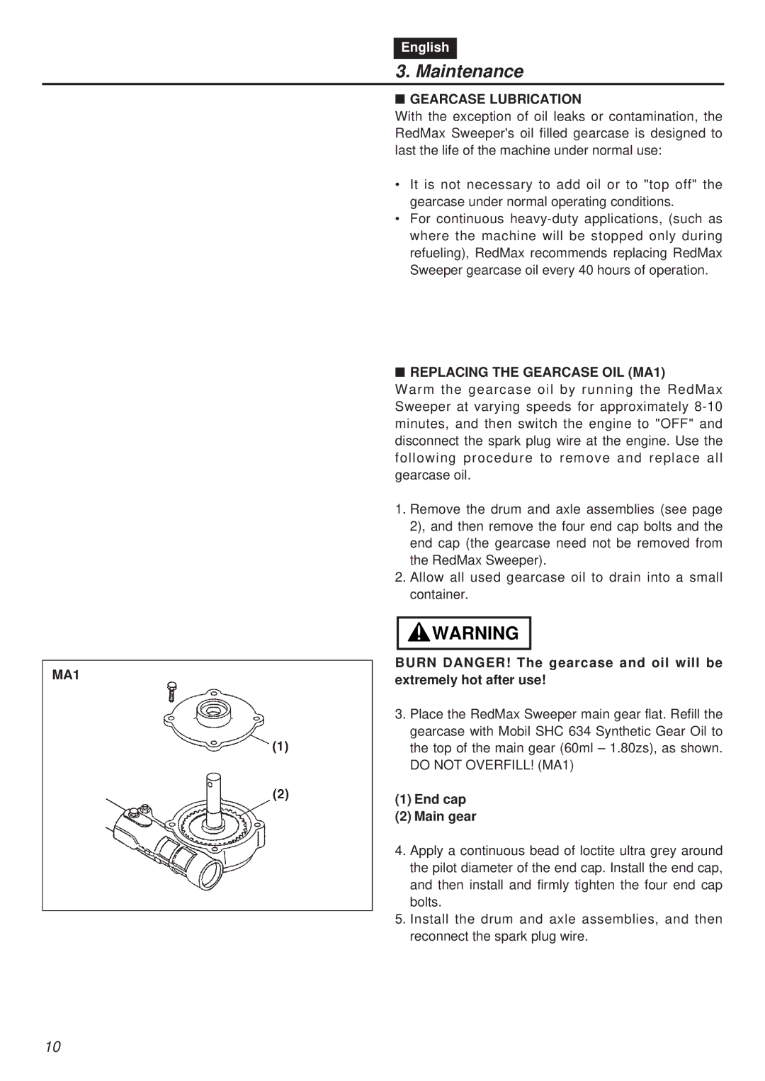 Zenoah EX-RMS manual Maintenance, Gearcase Lubrication, Replacing the Gearcase OIL MA1, End cap Main gear 