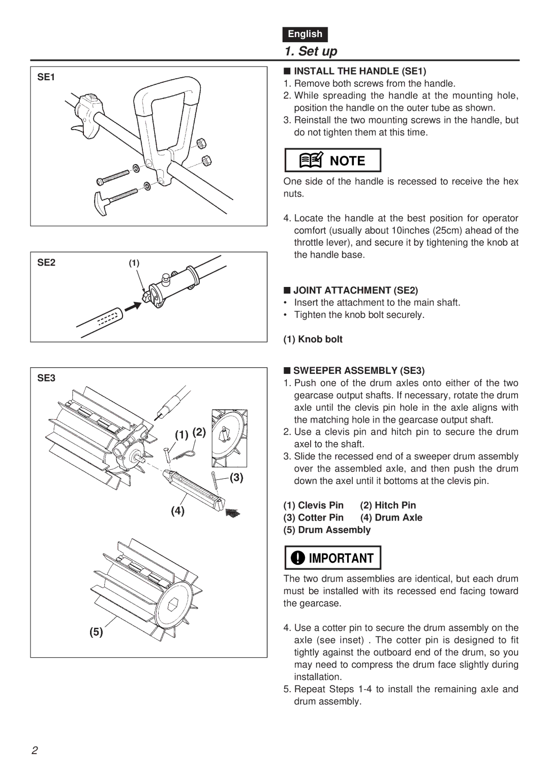 Zenoah EX-RMS manual Set up, SE3 Install the Handle SE1, Joint Attachment SE2, Sweeper Assembly SE3 