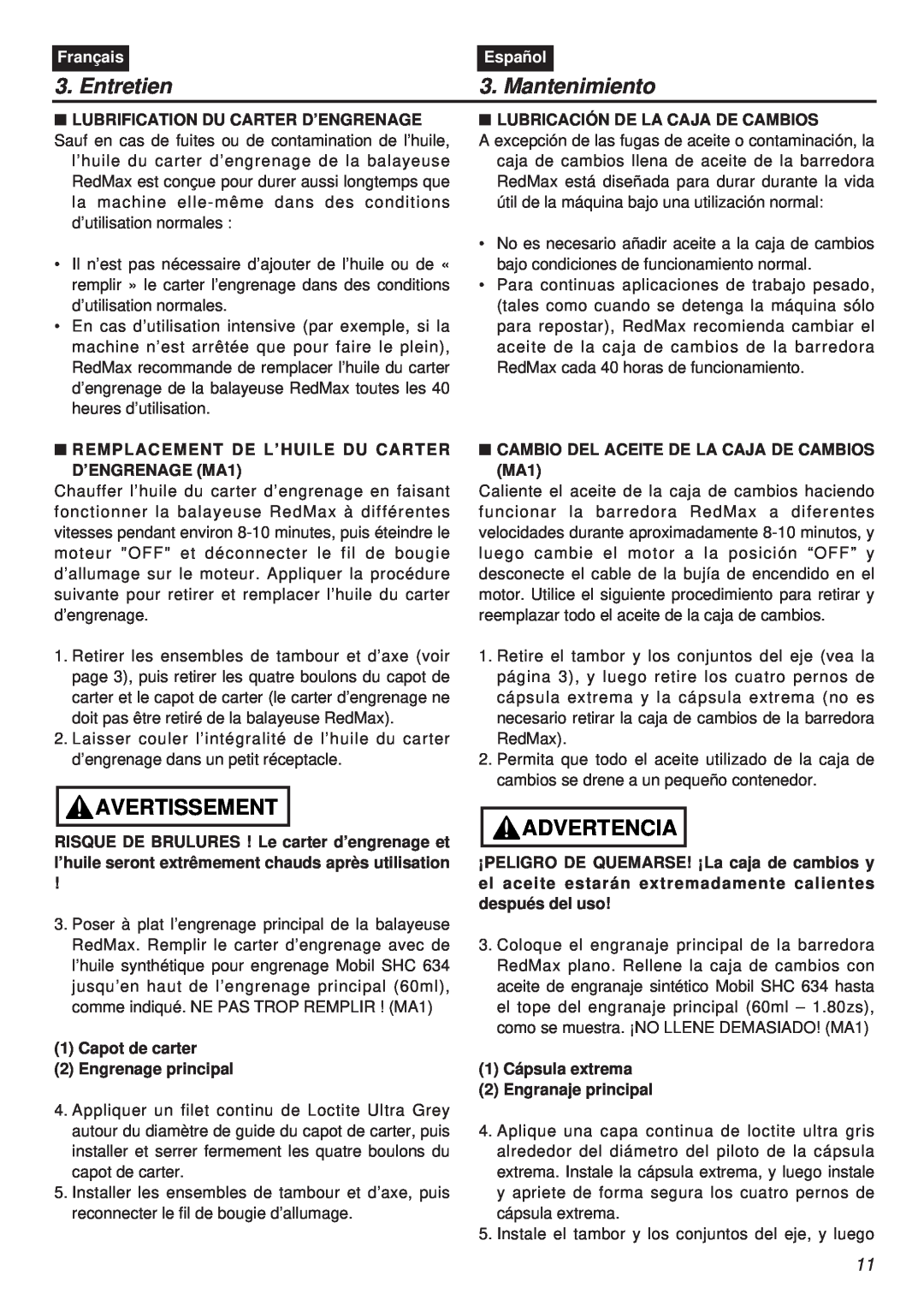 Zenoah EX-RMS manual Entretien, Mantenimiento, Avertissement, Advertencia, Français, Español 