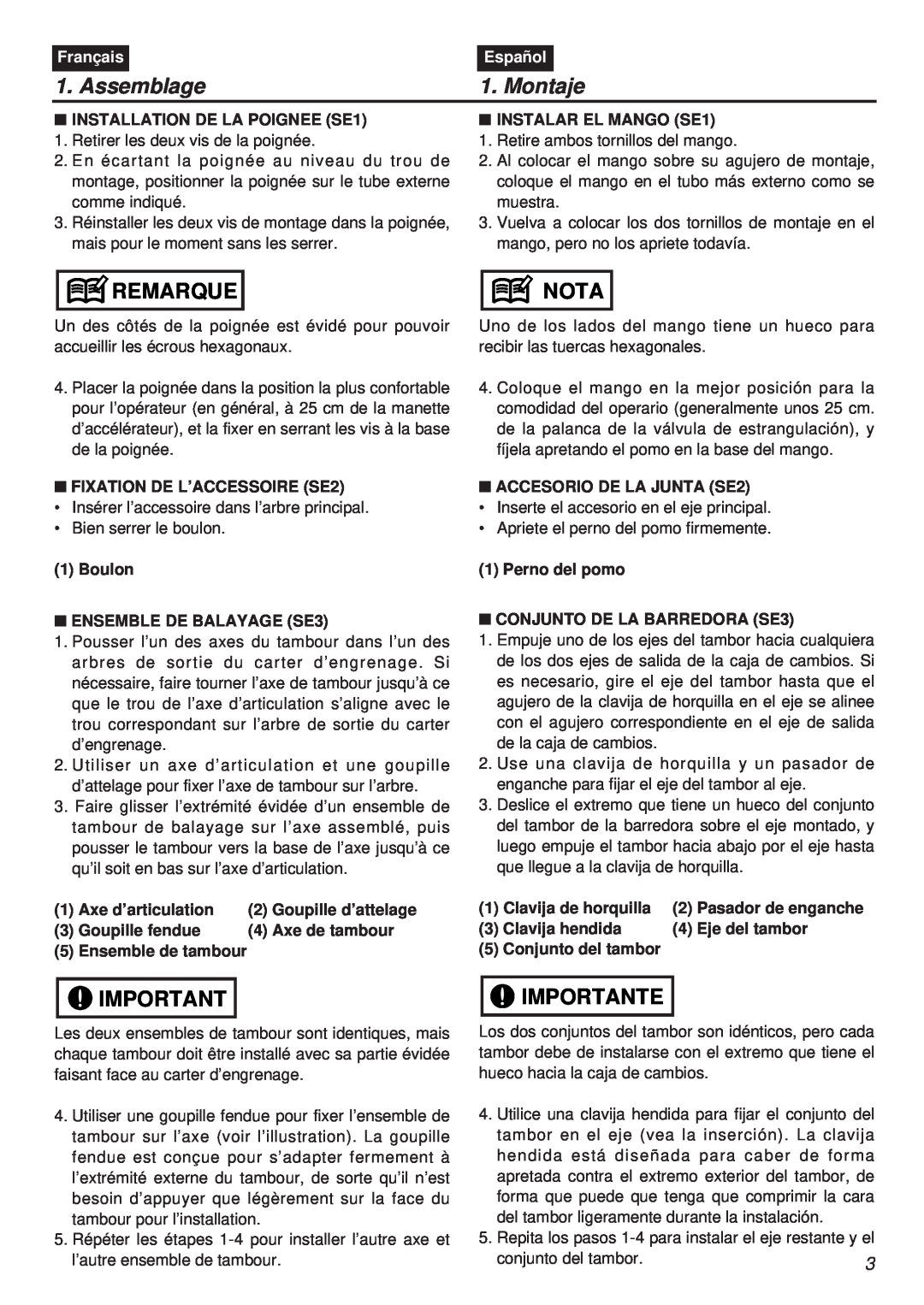 Zenoah EX-RMS manual Assemblage, Montaje, Remarque, Nota, Importante, Français, Español 