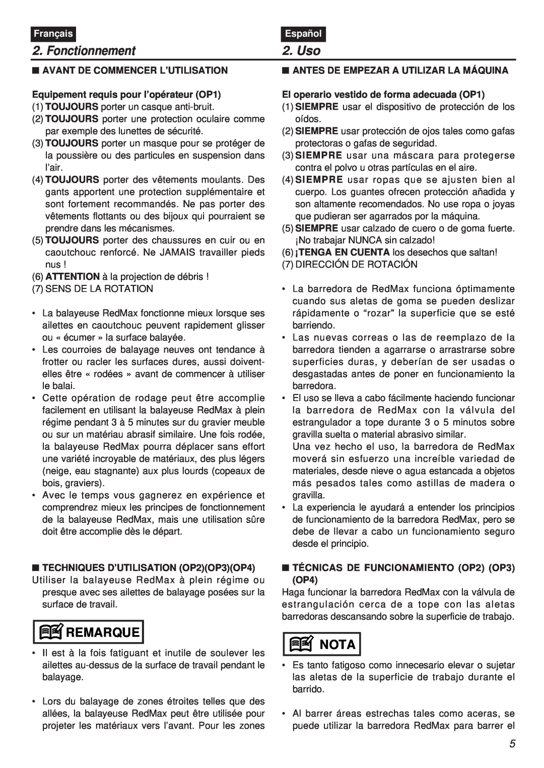 Zenoah EX-RMS manual Fonctionnement, Uso, Remarque, Nota, Français, Español 