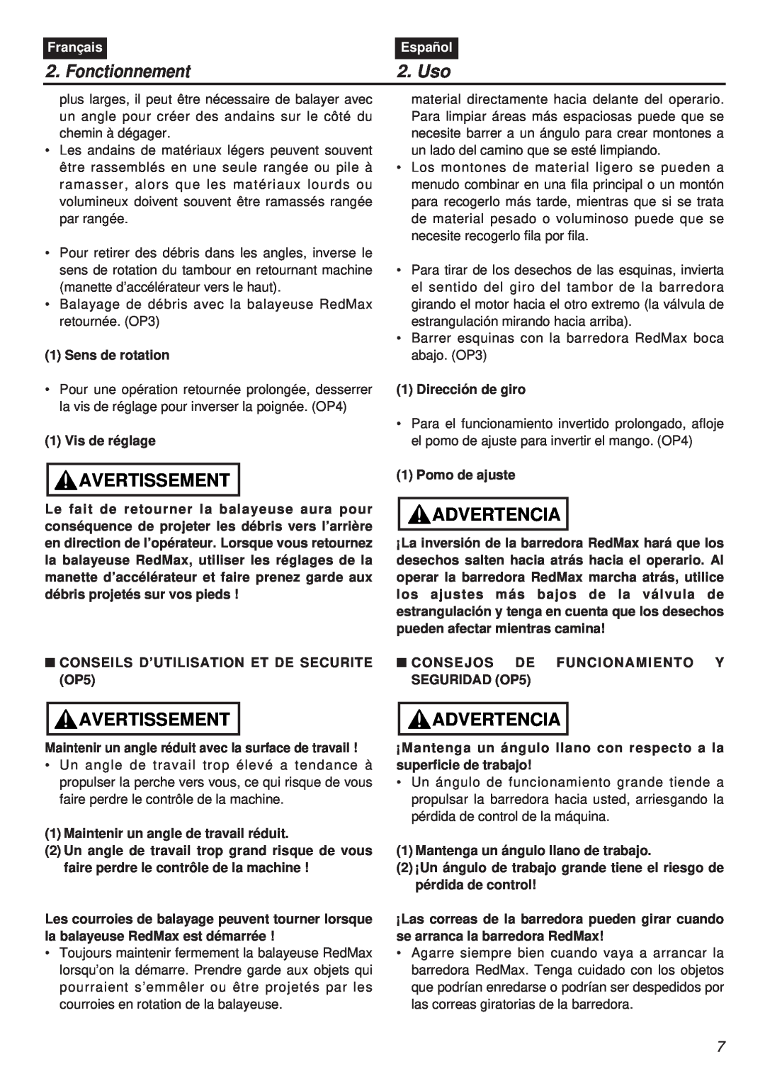 Zenoah EX-RMS manual Avertissement, Advertencia, Fonctionnement, Uso, Français, Español 