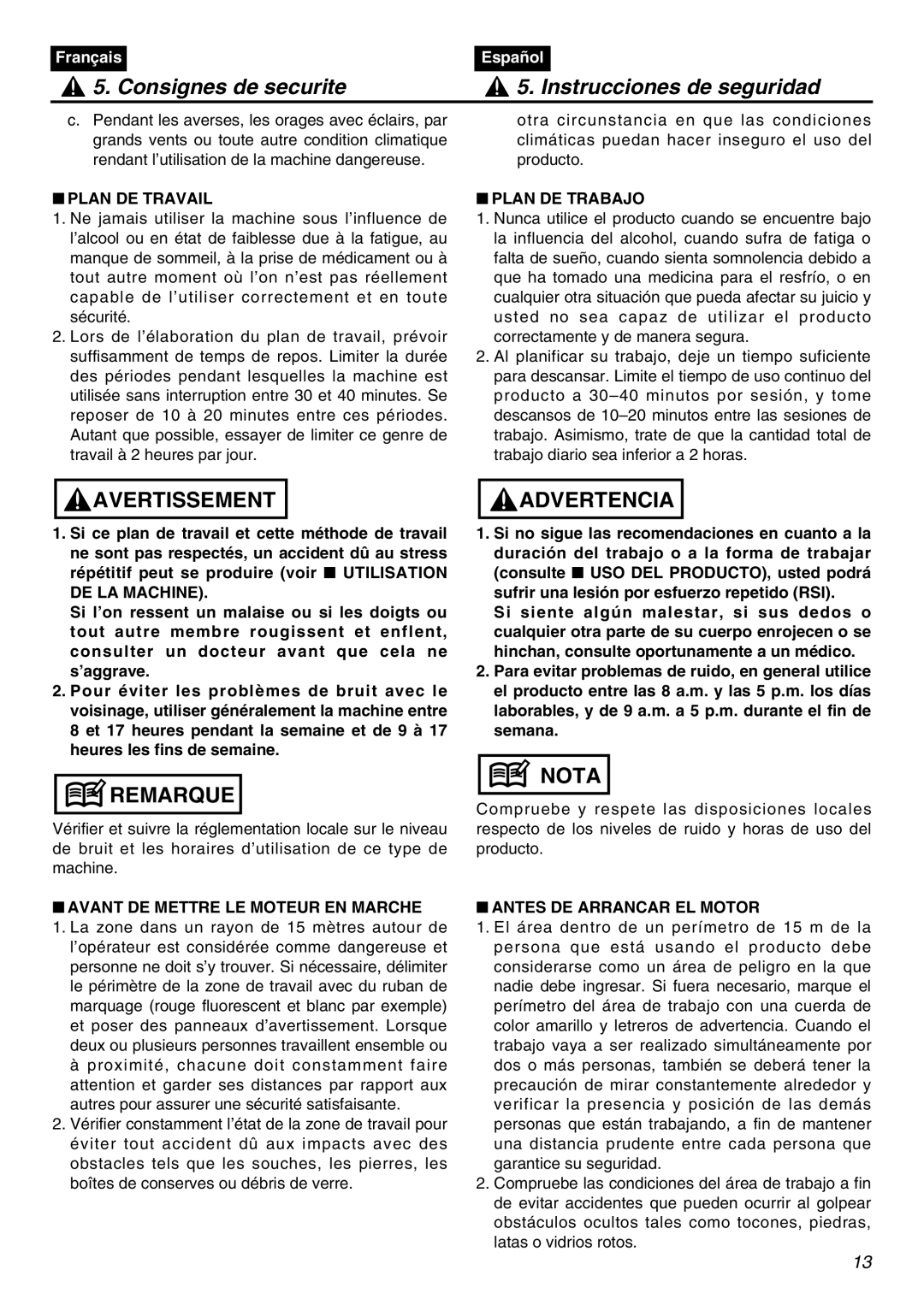 Zenoah EXZ2401S manual Plan DE Travail, Plan DE Trabajo, DE LA Machine, Avant DE Mettre LE Moteur EN Marche 