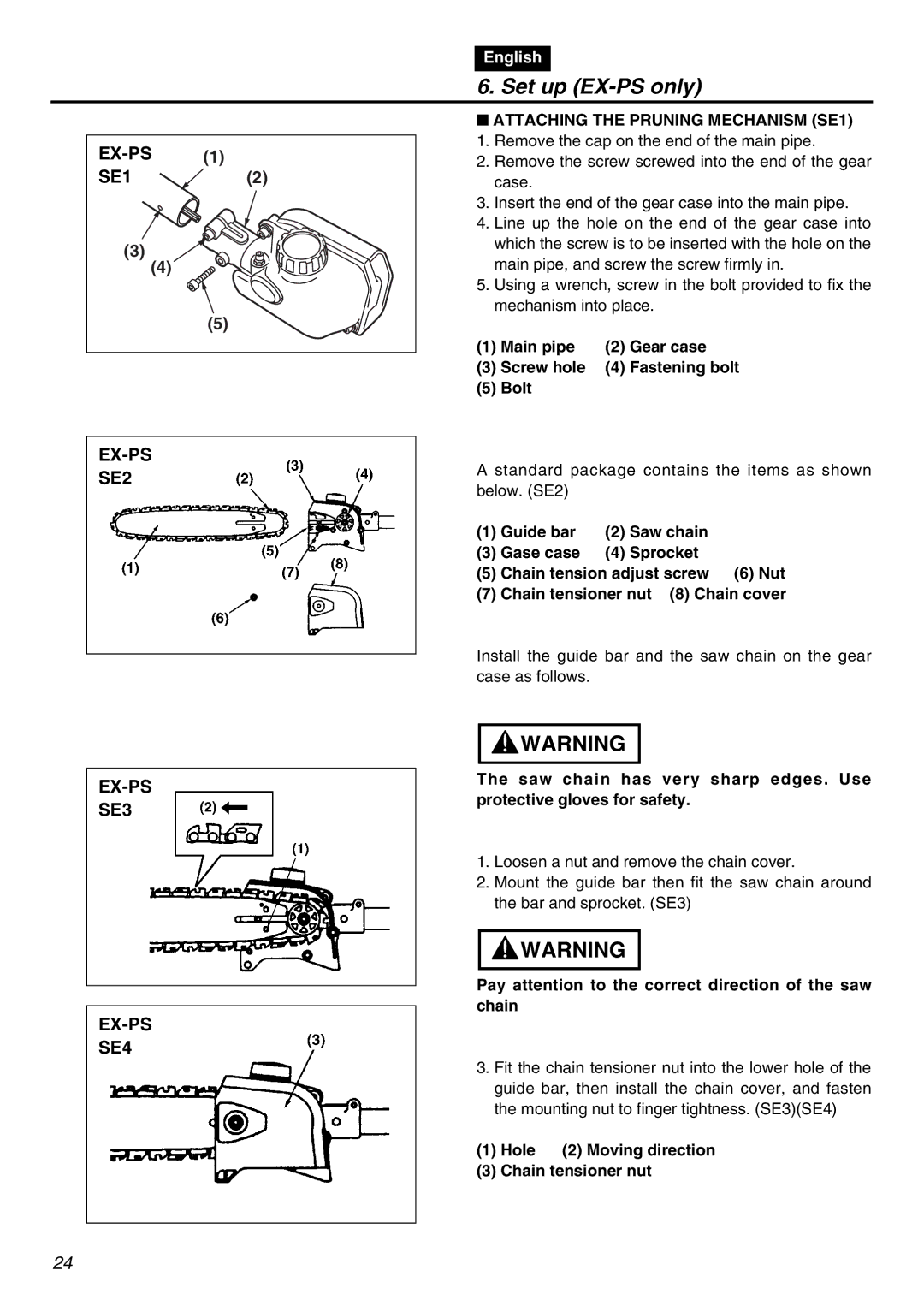 Zenoah EXZ2401S Set up EX-PS only, Attaching the Pruning Mechanism SE1, Main pipe Gear case Screw hole Fastening bolt Bolt 