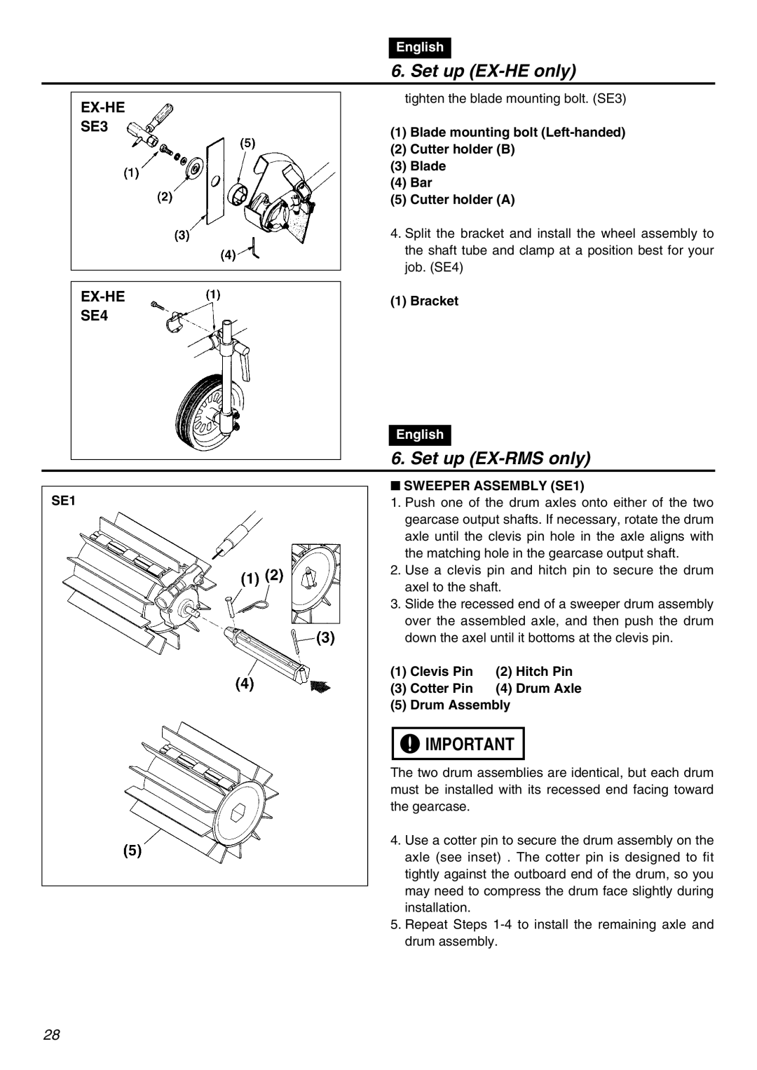 Zenoah EXZ2401S Set up EX-RMS only, Bracket, Sweeper Assembly SE1, Clevis Pin Hitch Pin Cotter Pin Drum Axle Drum Assembly 