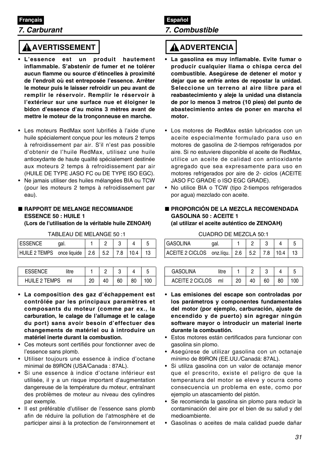 Zenoah EXZ2401S manual Rapport DE Melange Recommande Essence 50 Huile, Lors de l’utilisation de la véritable huile Zenoah 