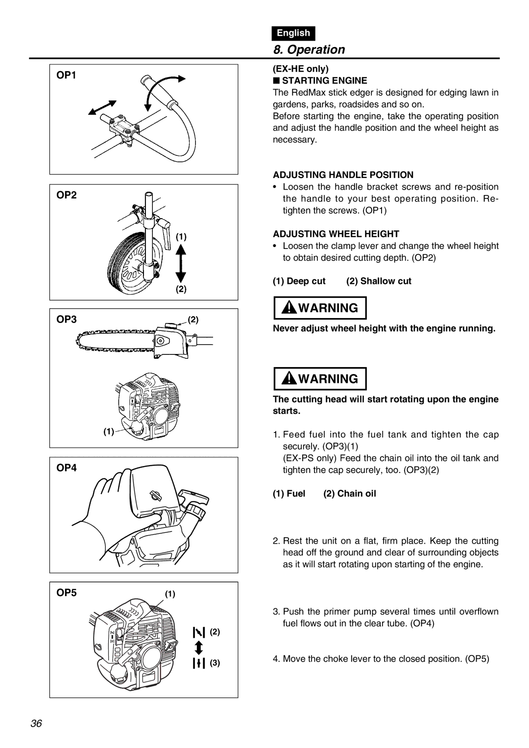 Zenoah EXZ2401S manual Operation, Starting Engine, Adjusting Handle Position, Adjusting Wheel Height 