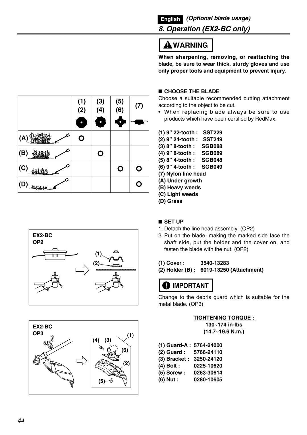 Zenoah EXZ2401S manual Choose the Blade, OP2, EX2-BC OP3 SET UP, Tightening Torque 