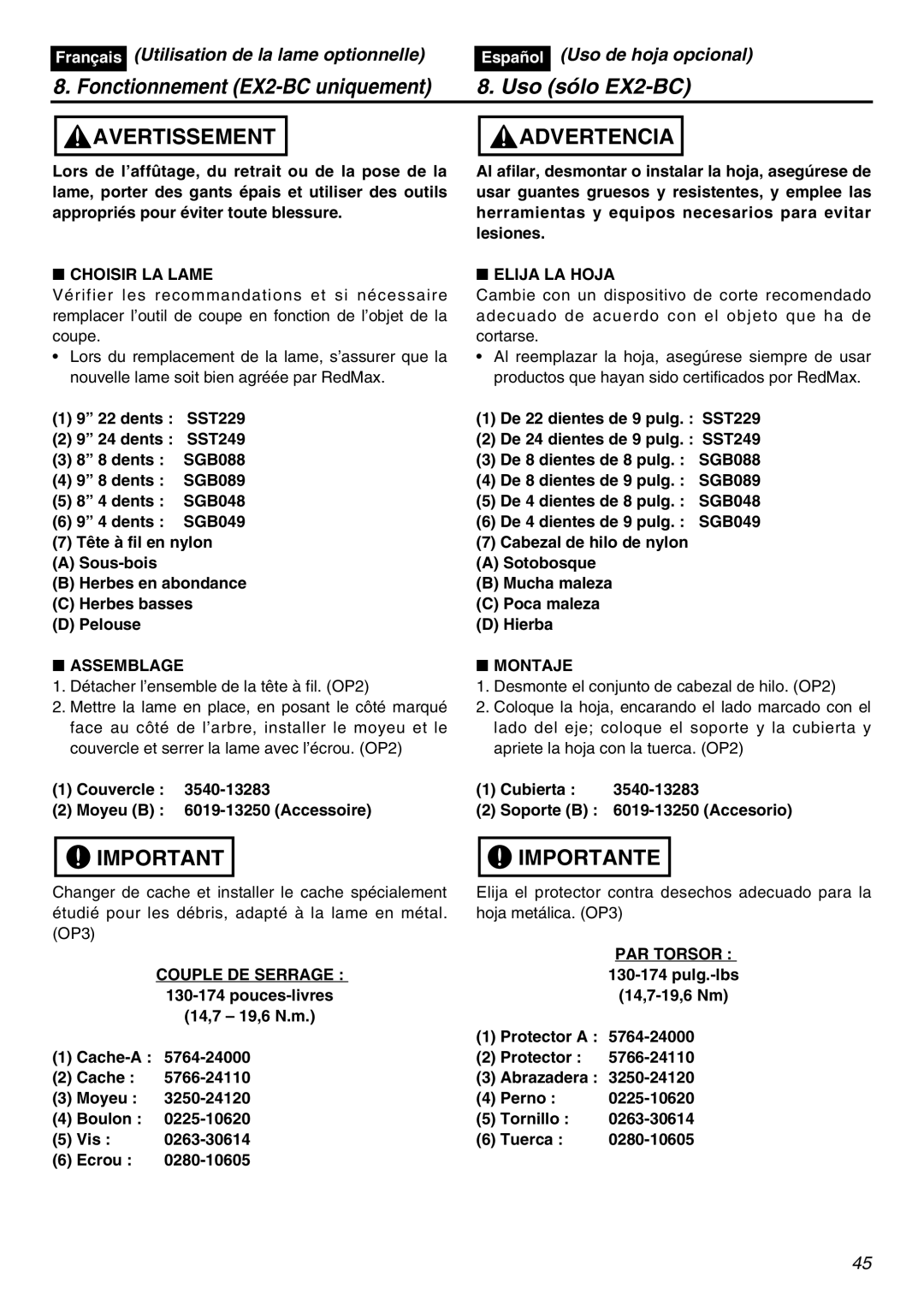 Zenoah EXZ2401S manual Choisir LA Lame, Elija LA Hoja, Assemblage, Montaje, PAR Torsor, Couple DE Serrage 