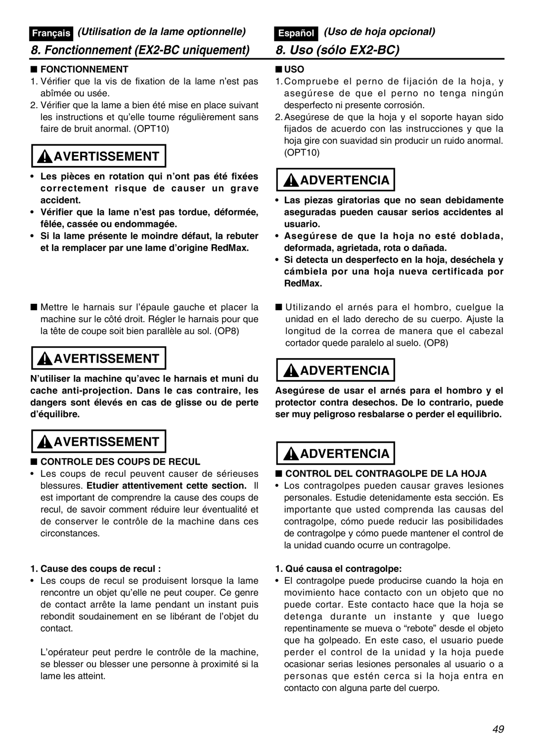 Zenoah EXZ2401S manual Fonctionnement, Uso, Controle DES Coups DE Recul, Control DEL Contragolpe DE LA Hoja 