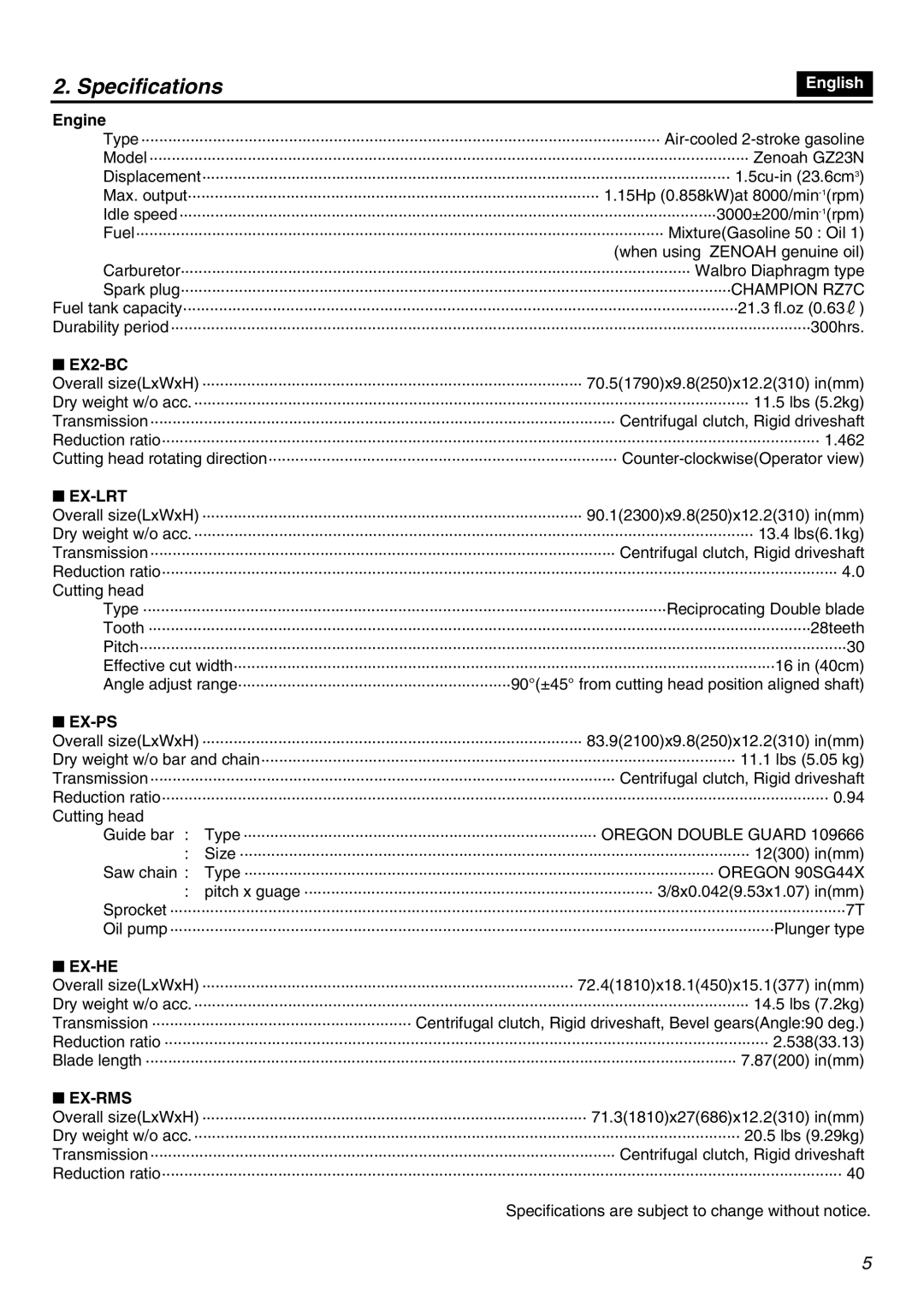 Zenoah EXZ2401S manual Specifications, Ex-Lrt, Ex-Ps, Ex-He, Ex-Rms 