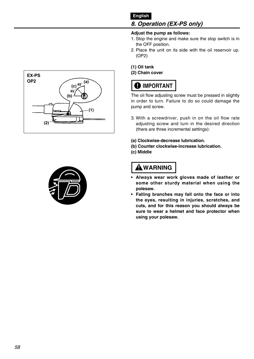 Zenoah EXZ2401S manual EX-PS OP2, Adjust the pump as follows, Oil tank Chain cover 