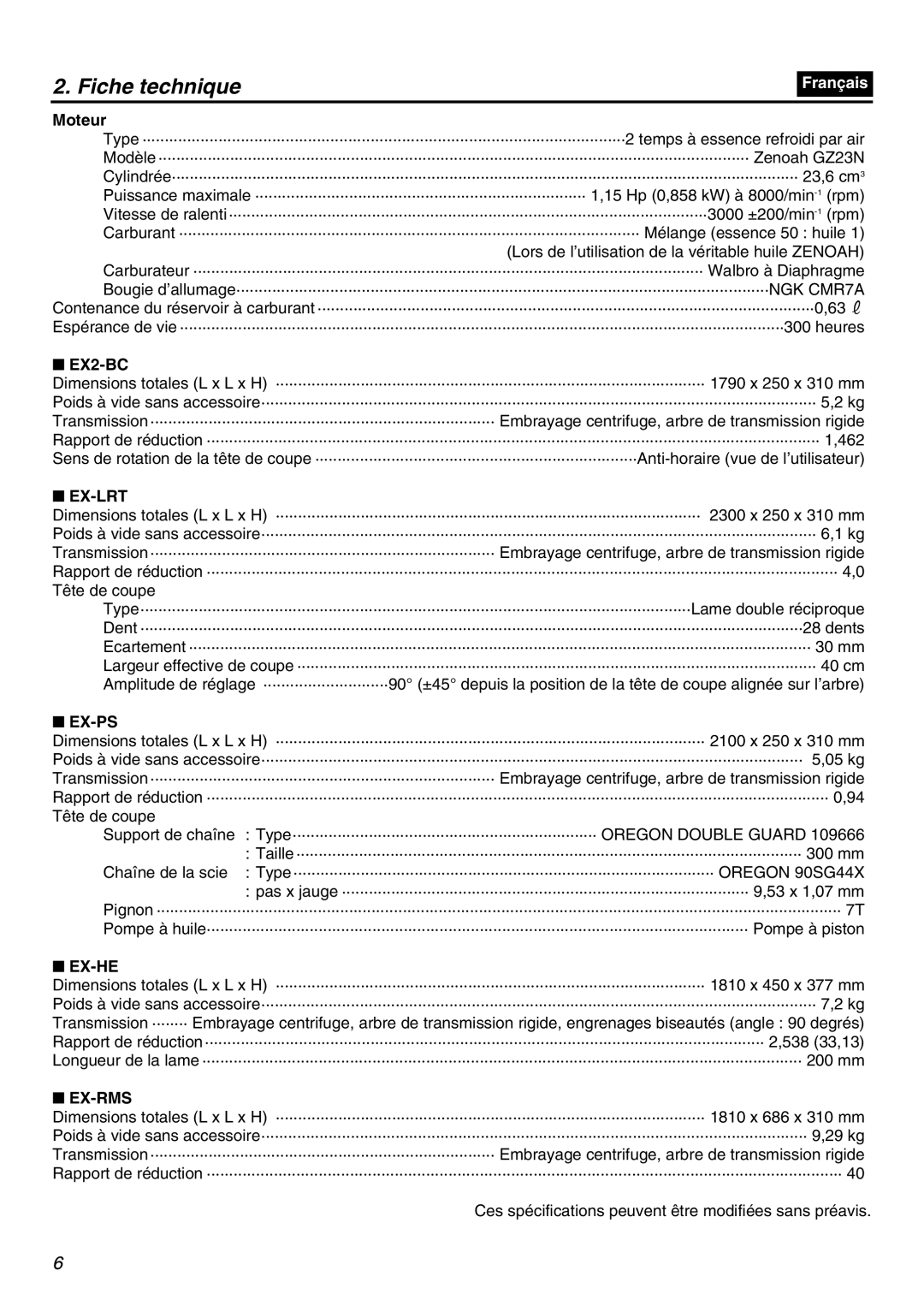 Zenoah EXZ2401S manual Fiche technique, Moteur 