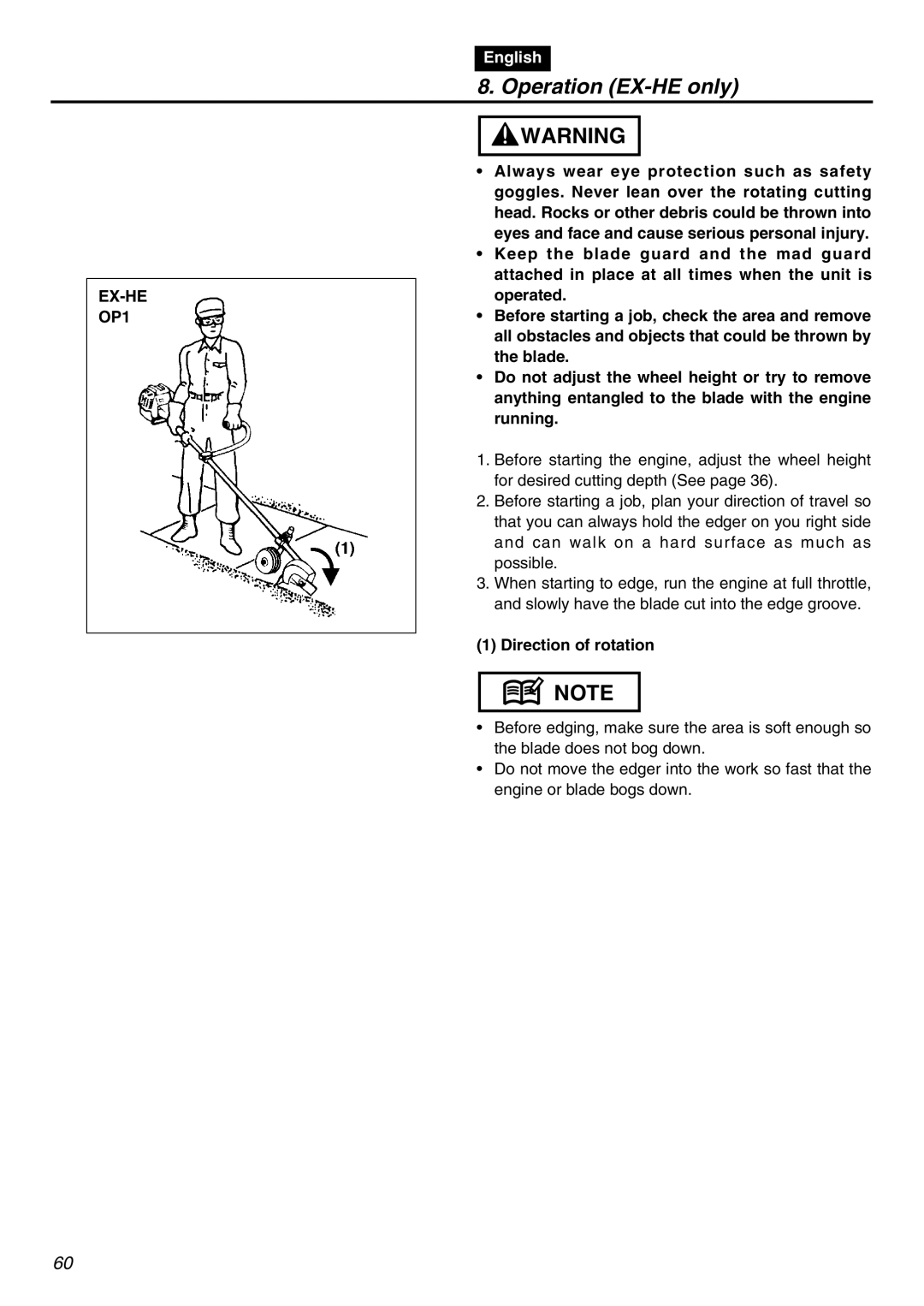 Zenoah EXZ2401S manual Operation EX-HE only, EX-HE OP1, Direction of rotation 