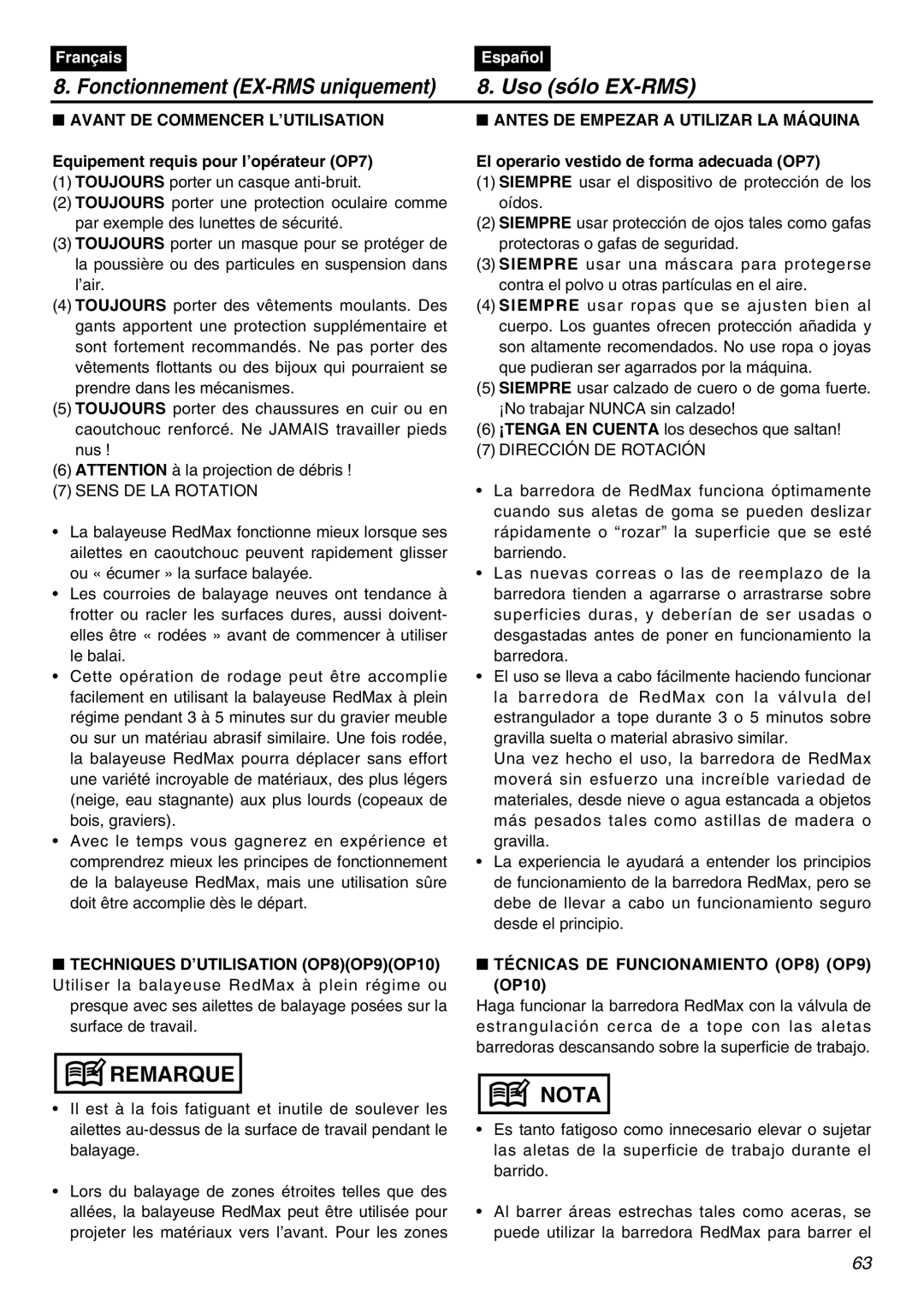 Zenoah EXZ2401S manual Fonctionnement EX-RMS uniquement Uso sólo EX-RMS, Avant DE Commencer L’UTILISATION 